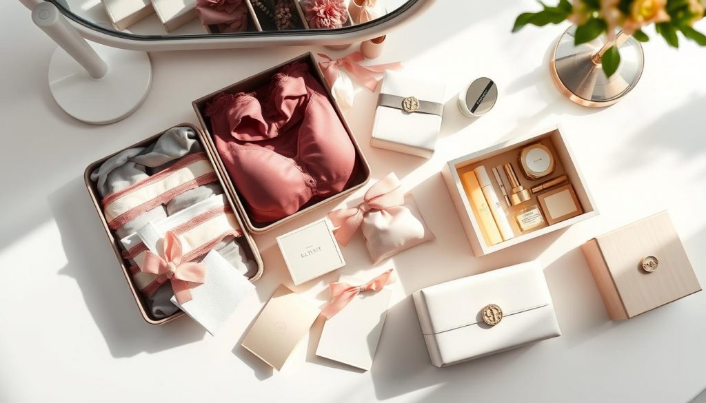 Collection d'accessoires lingerie tendances disposés élégamment sur une coiffeuse