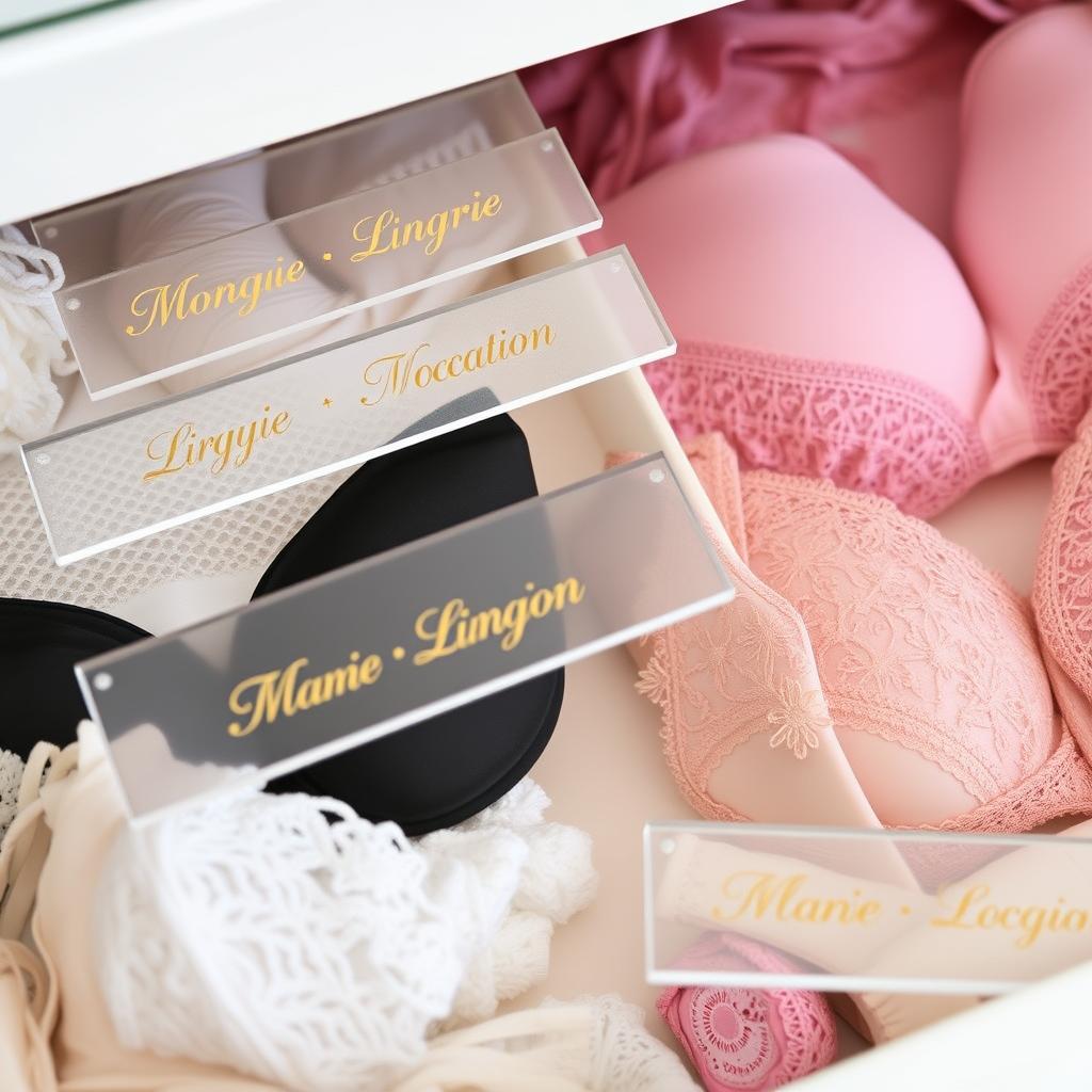 Étiquettes en acrylique gravé pour catégoriser la lingerie par style et occasion