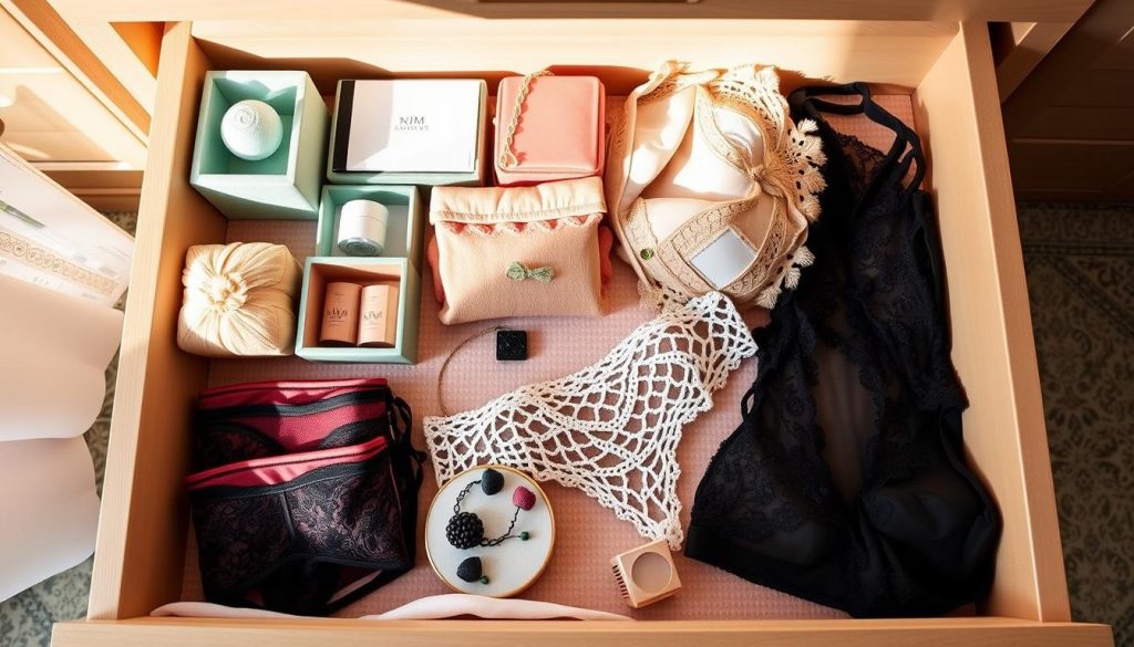 Tiroir à lingerie parfaitement organisé montrant un mélange harmonieux d'accessoires fonctionnels et esthétiques