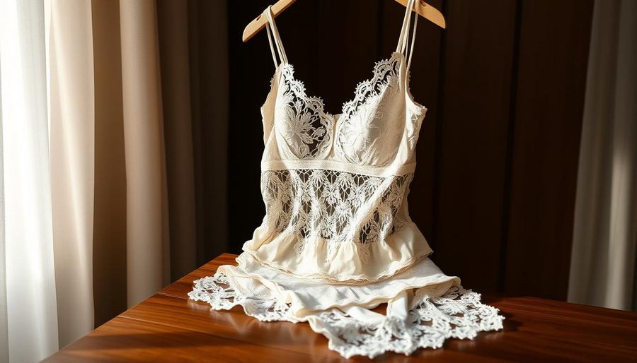 Exposition d'une belle lingerie blanche brodée suspendue au dessus d'un plateau en bois vernis délicate