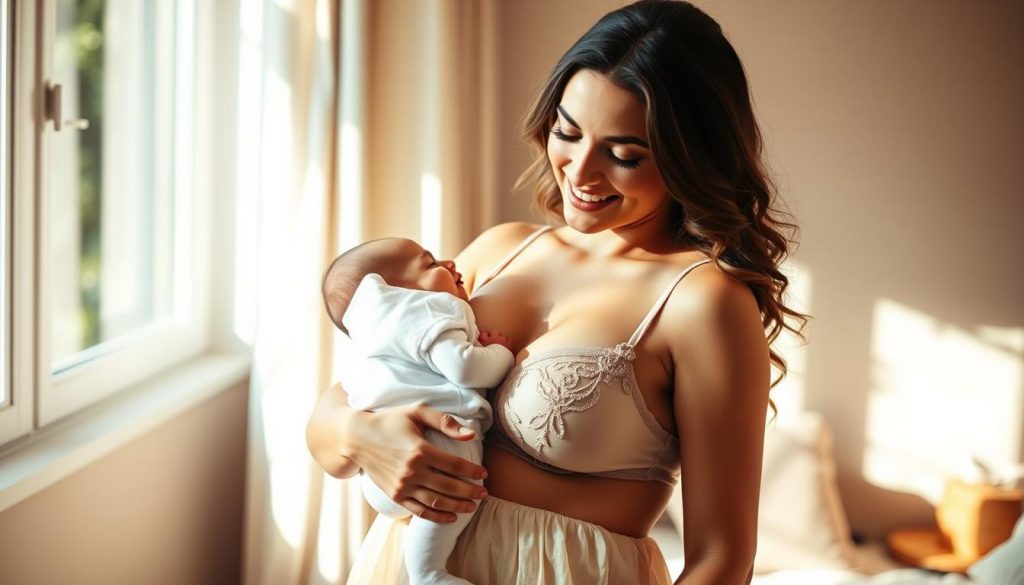 Jeune maman rayonnante portant une lingerie post-partum élégante avec son bébé Jeune maman rayonnante portant une lingerie post-partum élégante avec son bébé