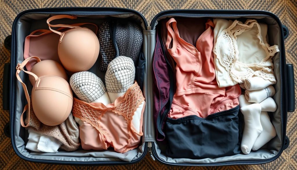 Checklist visuelle de lingerie de voyage avec tous les éléments essentiels disposés sur une valise ouverte Checklist visuelle de lingerie de voyage avec tous les éléments essentiels disposés sur une valise ouverte