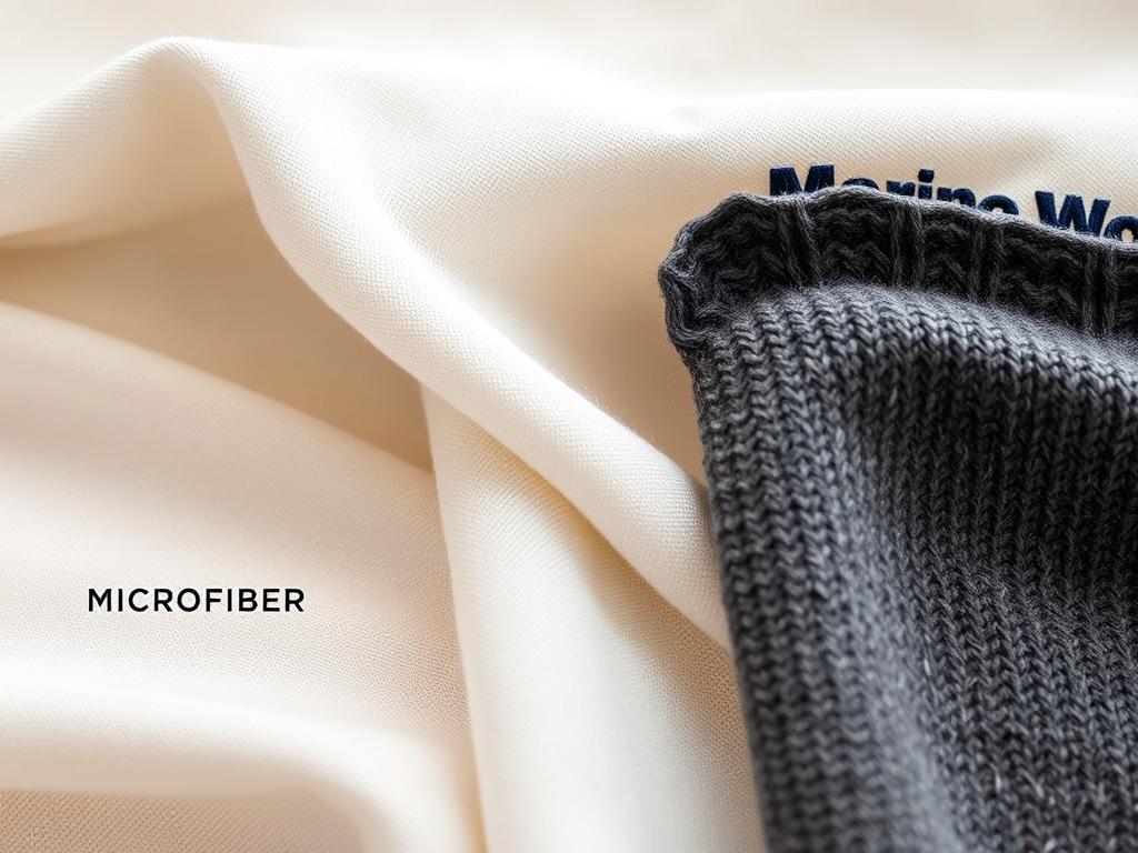 Différentes matières de lingerie de voyage présentées côte à côte montrant microfibre, modal et mérinos Différentes matières de lingerie de voyage présentées côte à côte montrant microfibre, modal et mérinos