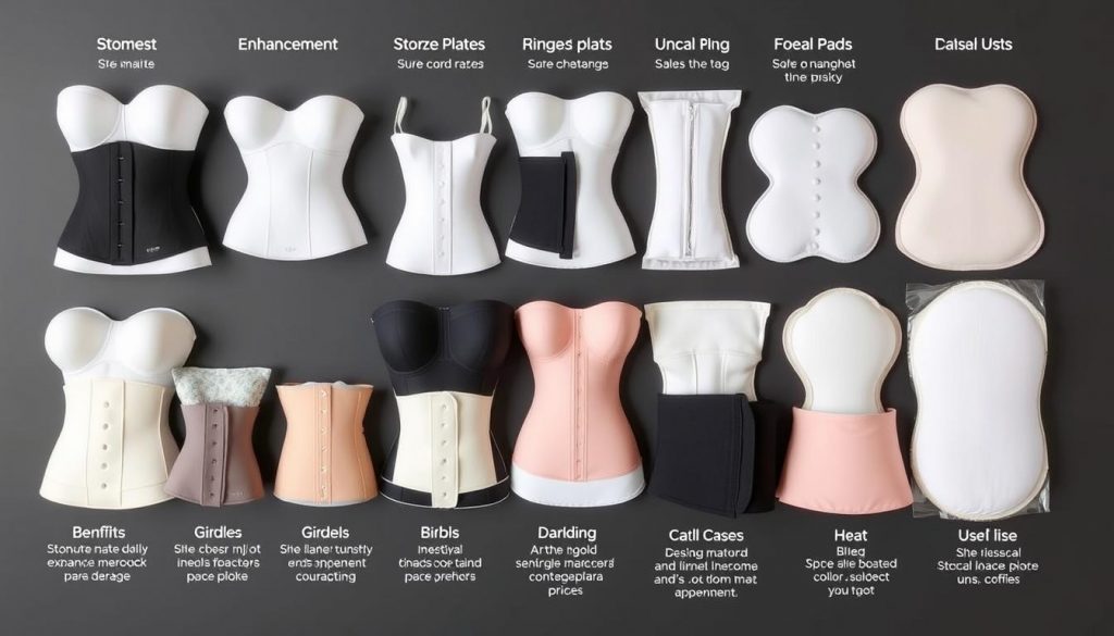 Différents accessoires shapewear présentés côte à côte avec leurs caractéristiques