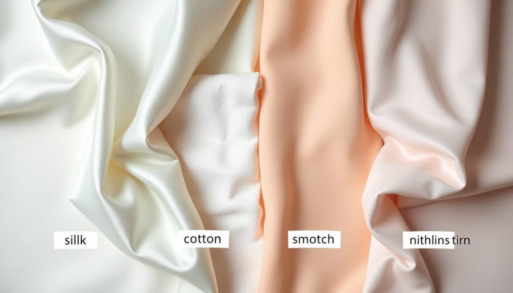 Différents types de tissus lingerie présentés côte à côte : soie, coton, modal et microfibre