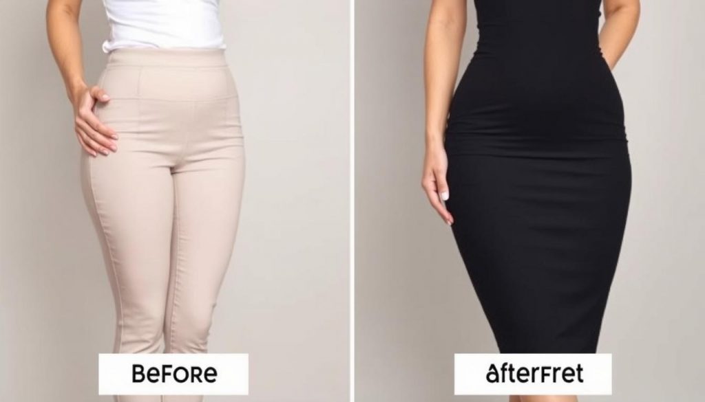 Femme portant un pantalon ajusté avec et sans gaine shapewear