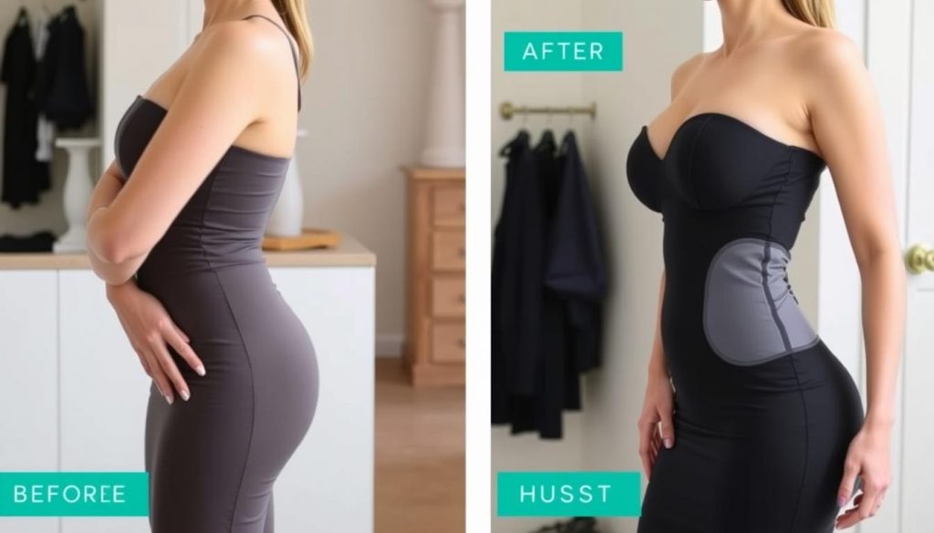 Femme portant une robe moulante avec et sans pads shapewear