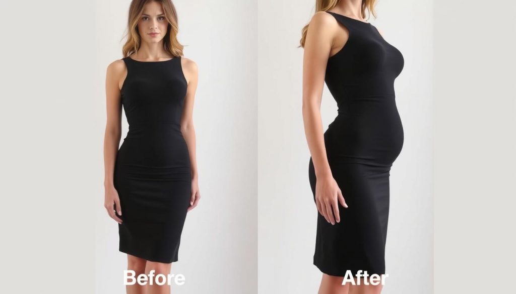 Femme portant une robe moulante avec et sans plaque shapewear, montrant la différence