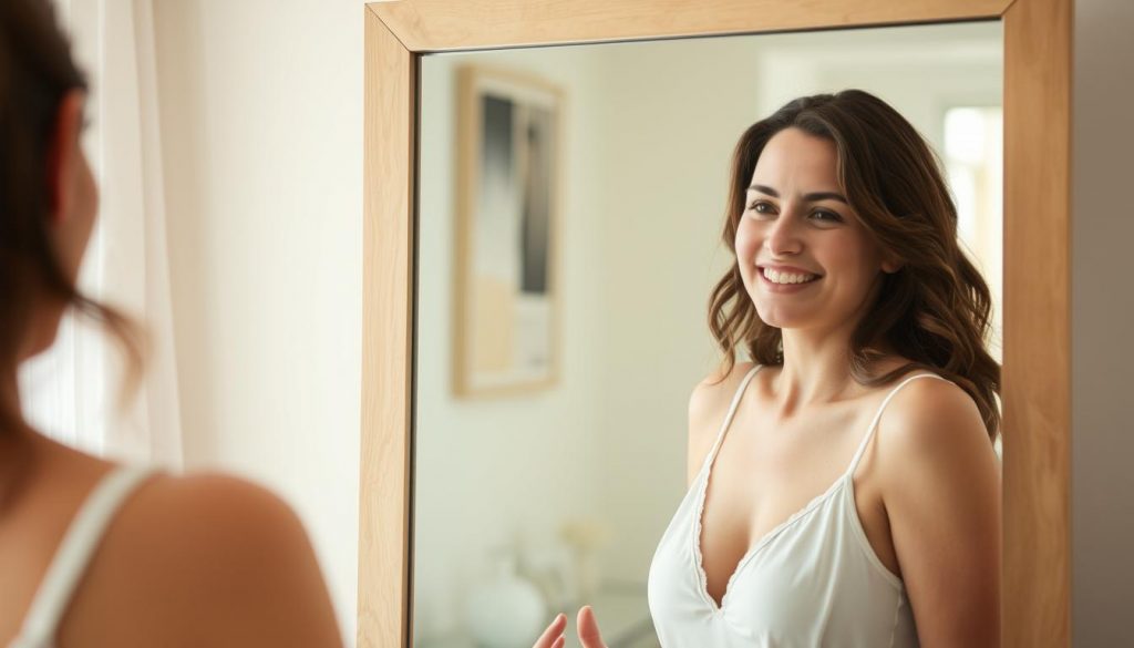 Femme s'admirant avec confiance dans un miroir, ultime expression de la bienveillance envers soi