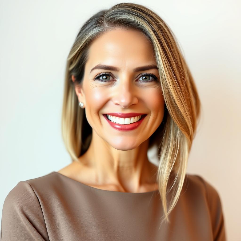 Portrait d'une femme de 42 ans souriante illustrant la bienveillance envers soi